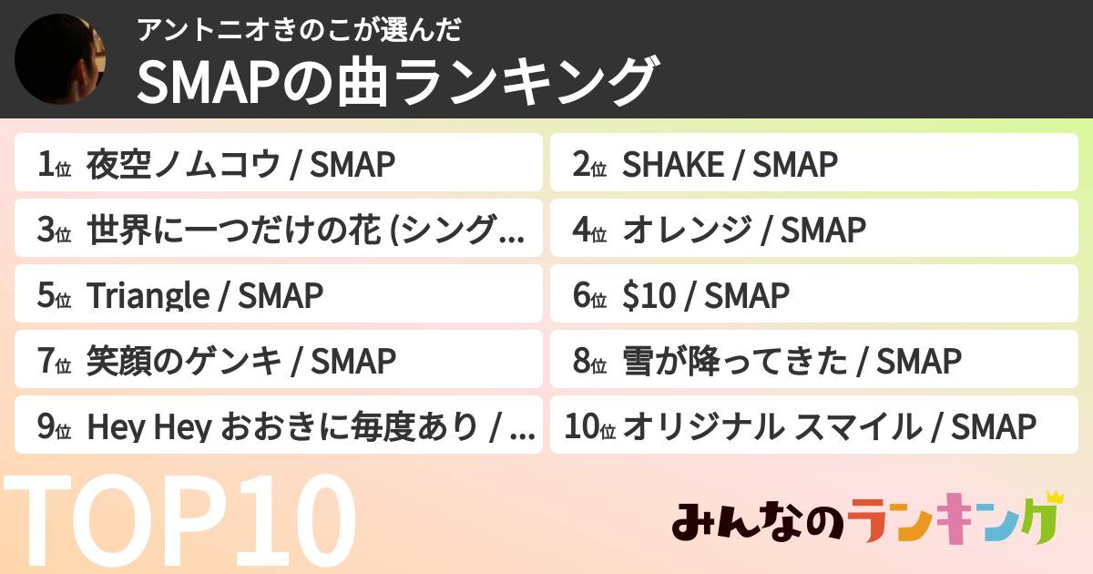 アントニオきのこさんの「SMAPの曲ランキング」