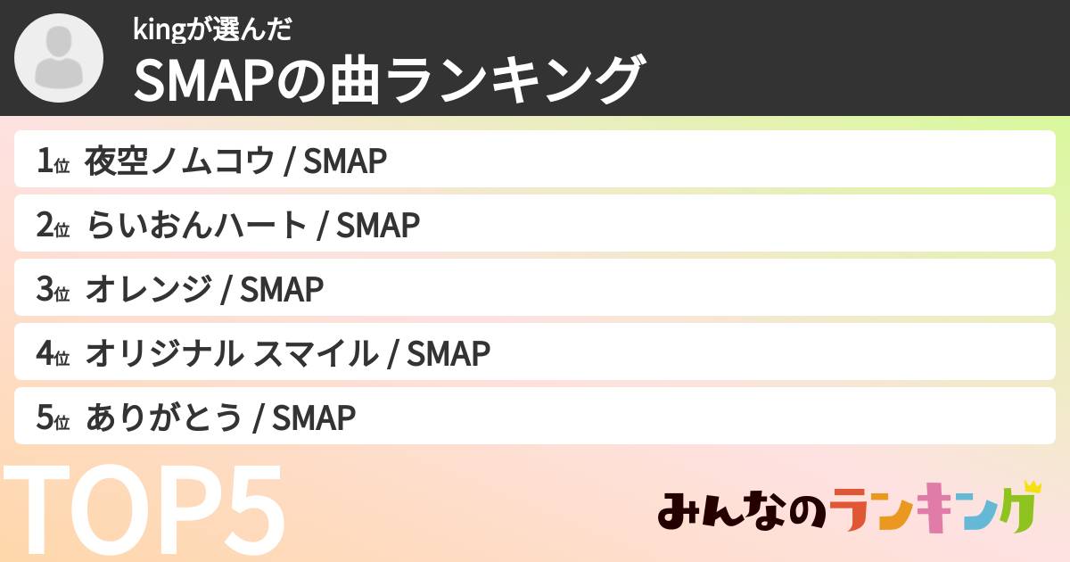 kingさんの「SMAPの曲ランキング」