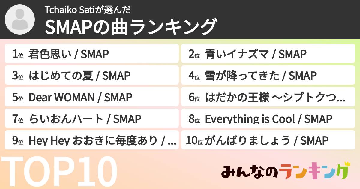 Tchaiko Satiさんの「SMAPの曲ランキング」