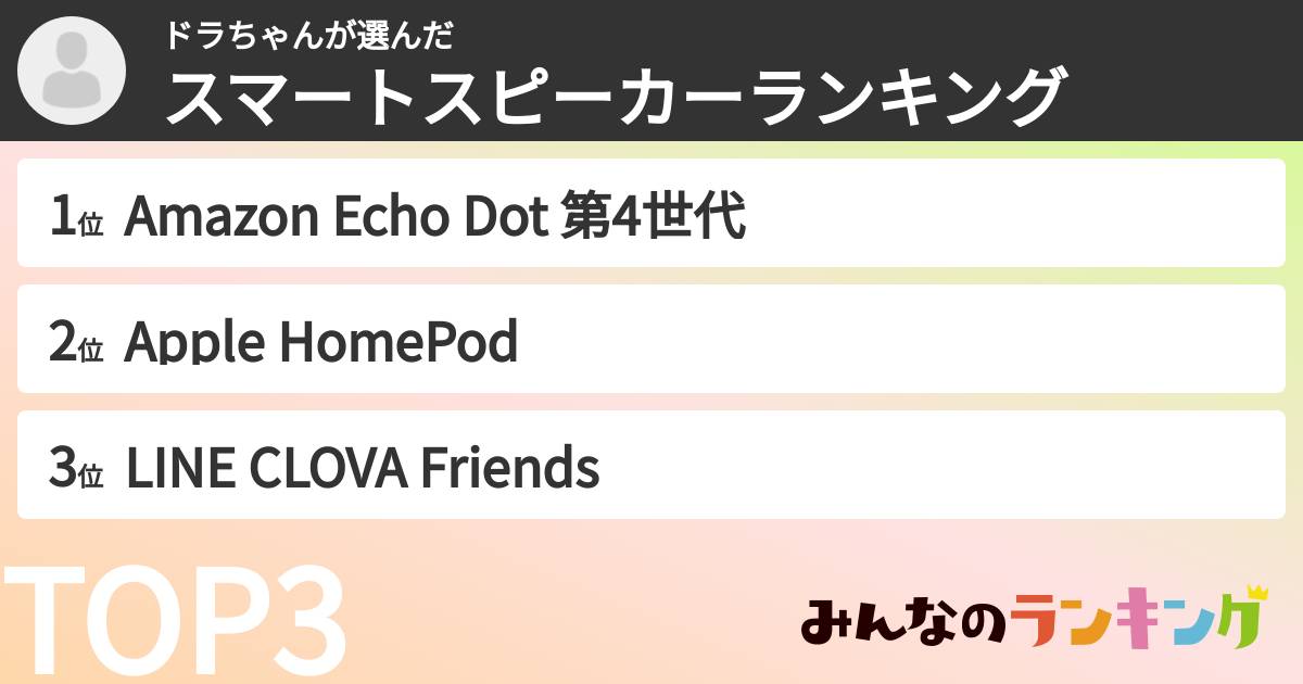 ドラちゃんさんの「スマートスピーカーランキング」