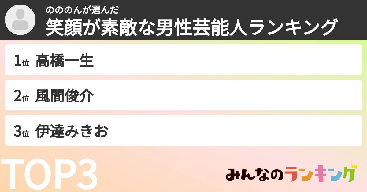 のののんさんの「笑顔が素敵な男性芸能人ランキング」
