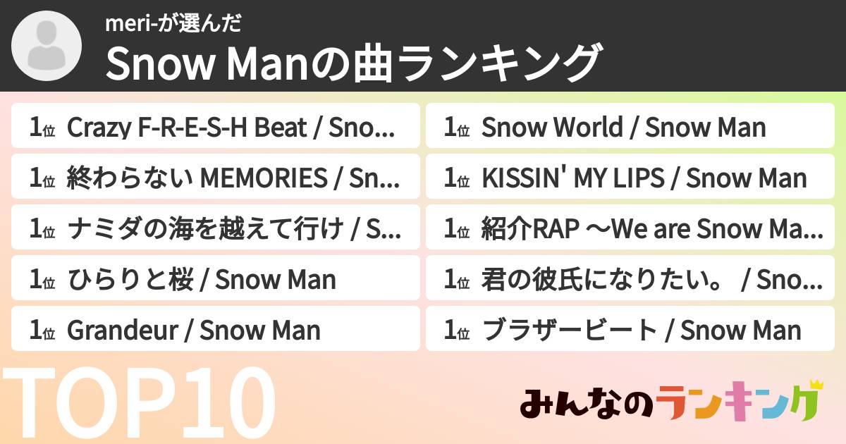 meri-さんの「Snow Manの曲ランキング」