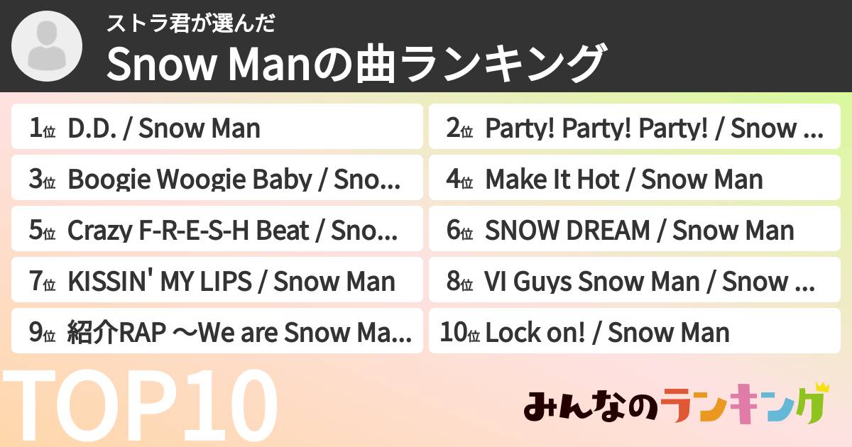ストラ君さんの「Snow Manの曲ランキング」