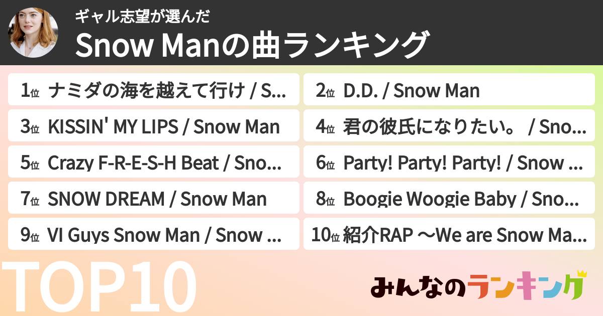 ギャル志望さんの「Snow Manの曲ランキング」