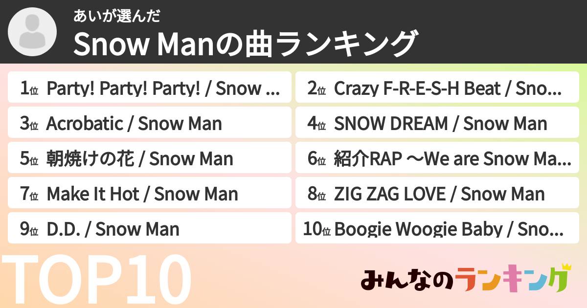 あいさんの「Snow Manの曲ランキング」