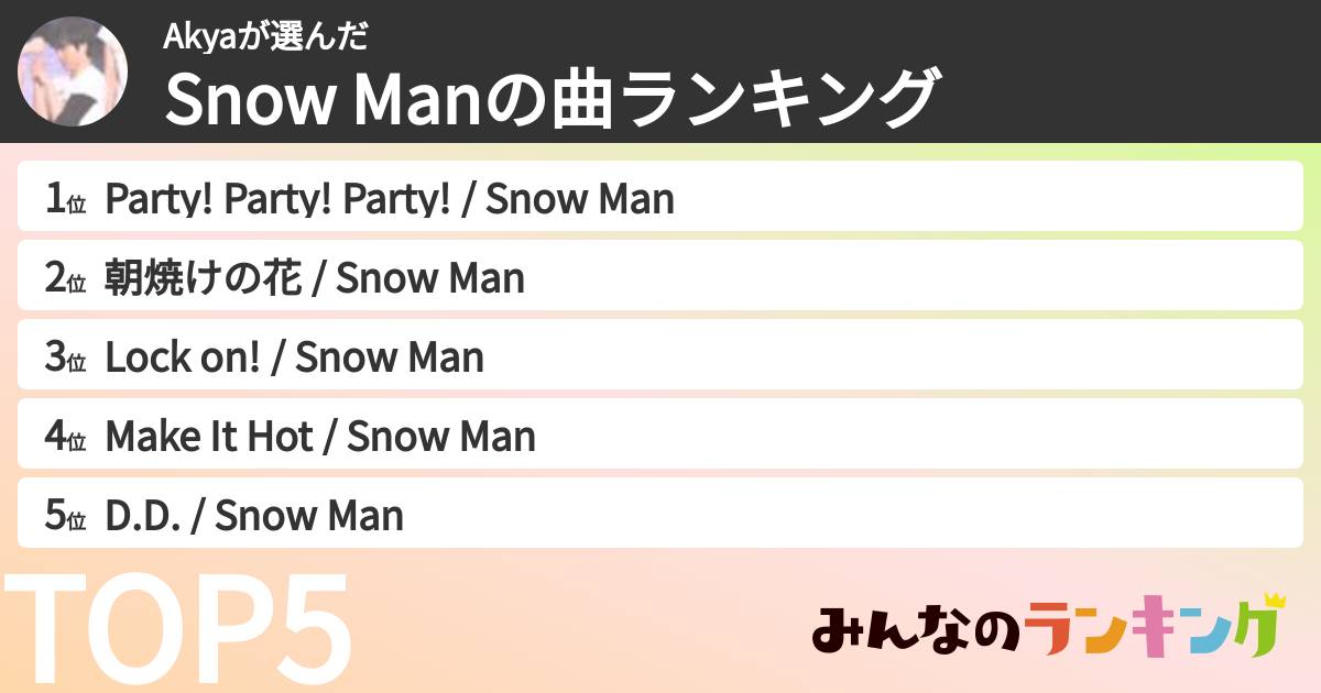 Akyaさんの「Snow Manの曲ランキング」