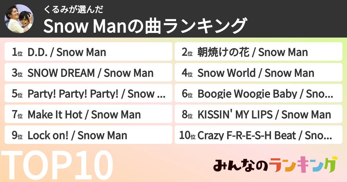 くるみさんの「Snow Manの曲ランキング」