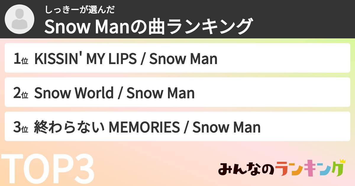 しっきーさんの「Snow Manの曲ランキング」