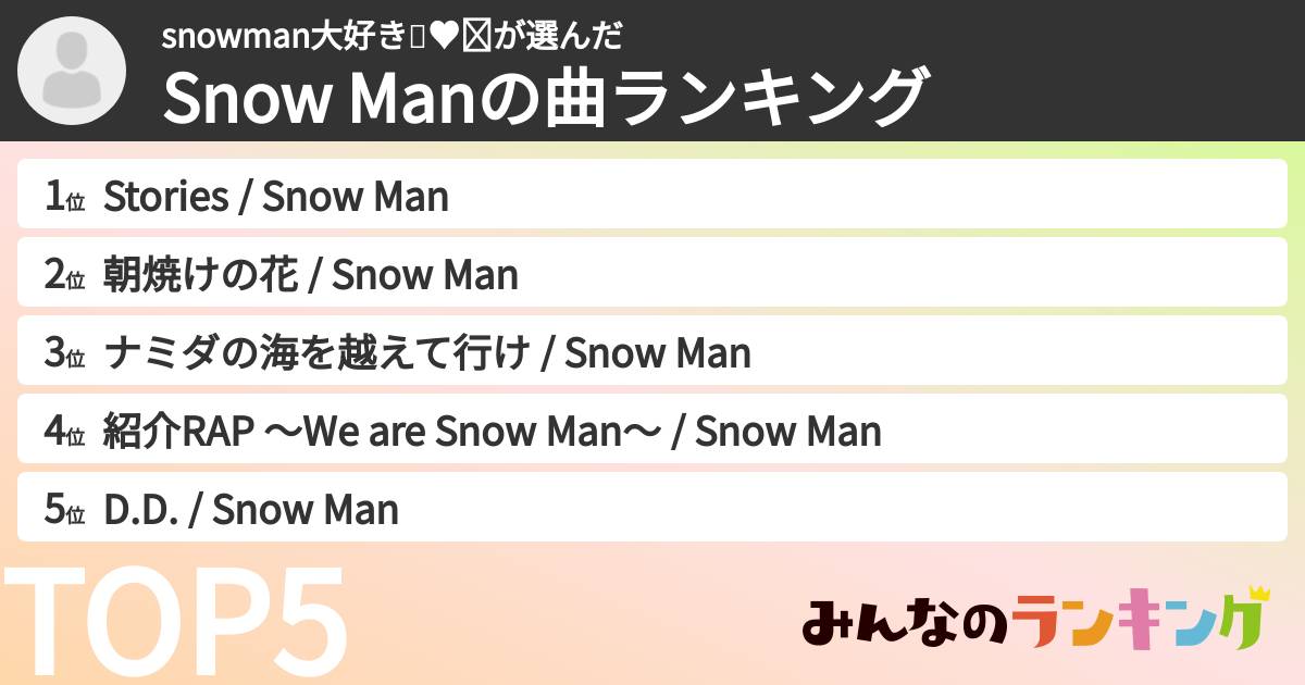 snowman大好き💓♥❤さんの「Snow Manの曲ランキング」