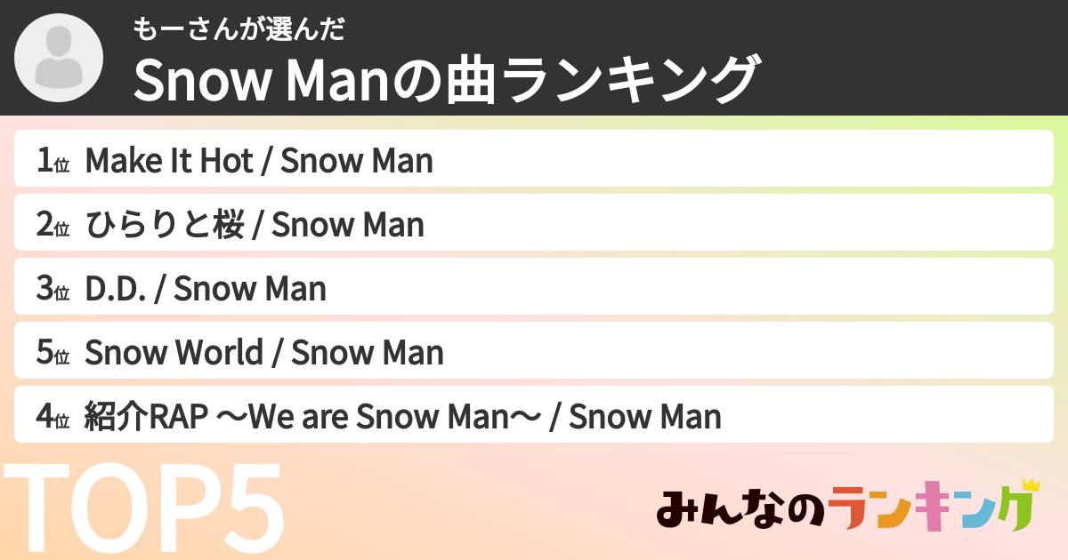 もーさんさんの「Snow Manの曲ランキング」
