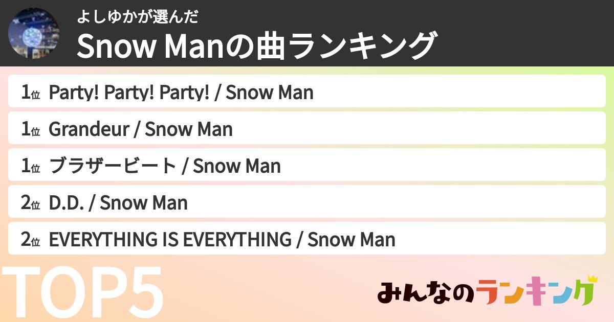 よしゆかさんの「Snow Manの曲ランキング」