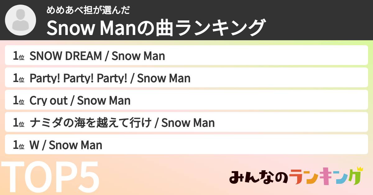 めめあべ担さんの「Snow Manの曲ランキング」