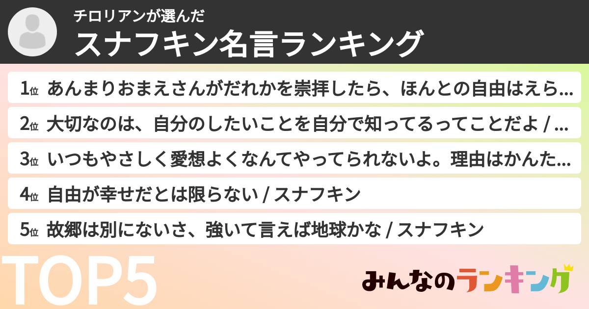 チロリアンさんの「スナフキン名言ランキング」