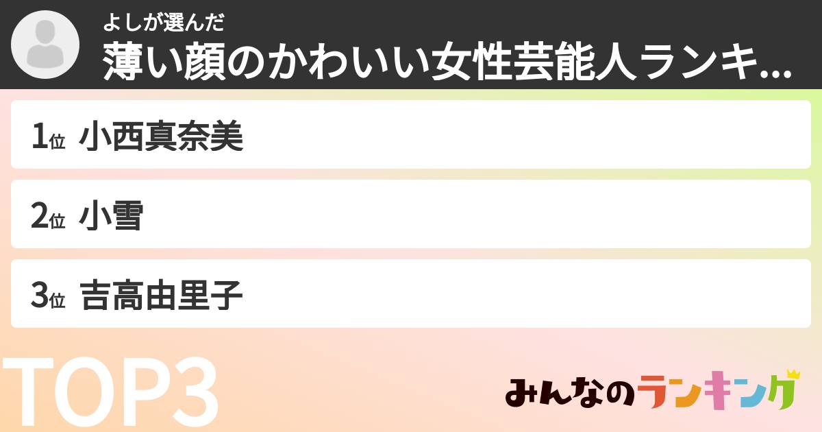 よしさんの「薄い顔のかわいい女性芸能人ランキング」