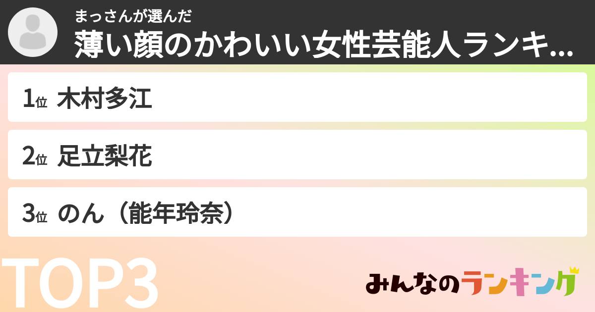 まっさんさんの「薄い顔のかわいい女性芸能人ランキング」