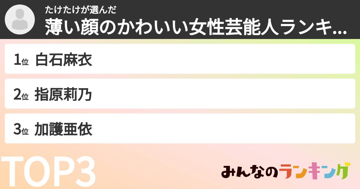 たけたけさんの「薄い顔のかわいい女性芸能人ランキング」
