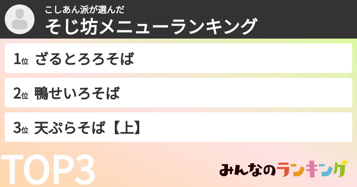 こしあん派さんの「そじ坊メニューランキング」