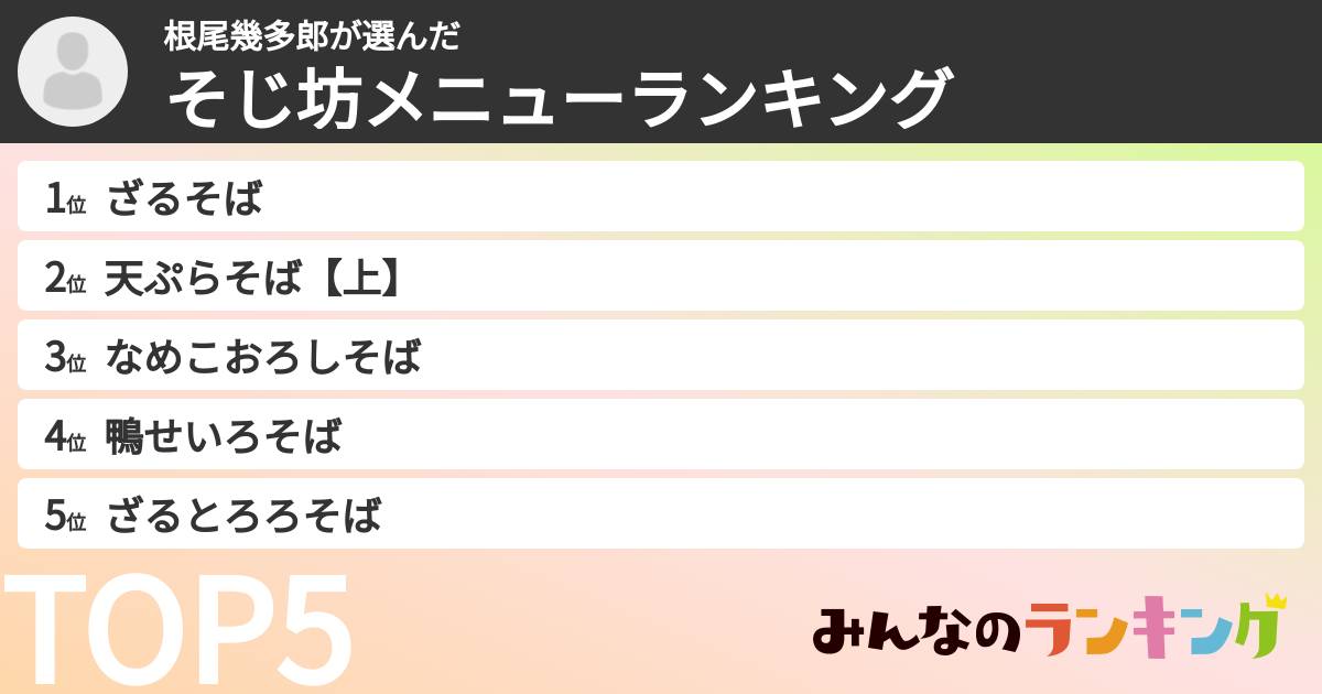 根尾幾多郎さんの「そじ坊メニューランキング」