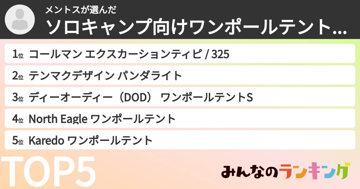 メントスさんの「ソロキャンプ向けワンポールテントランキング」