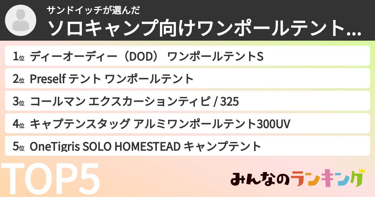 サンドイッチさんの「ソロキャンプ向けワンポールテントランキング」