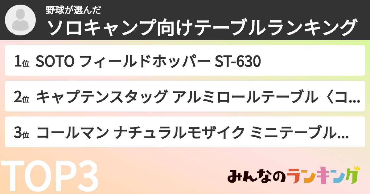 野球さんの「ソロキャンプ向けテーブルランキング」