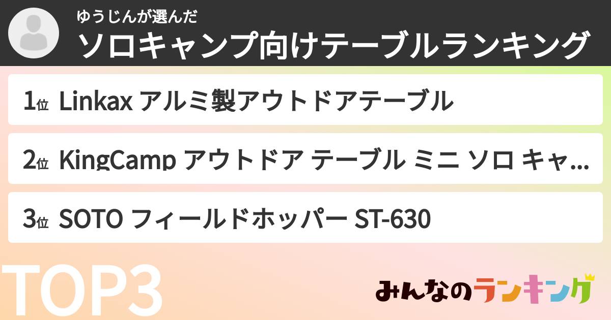 ゆうじんさんの「ソロキャンプ向けテーブルランキング」