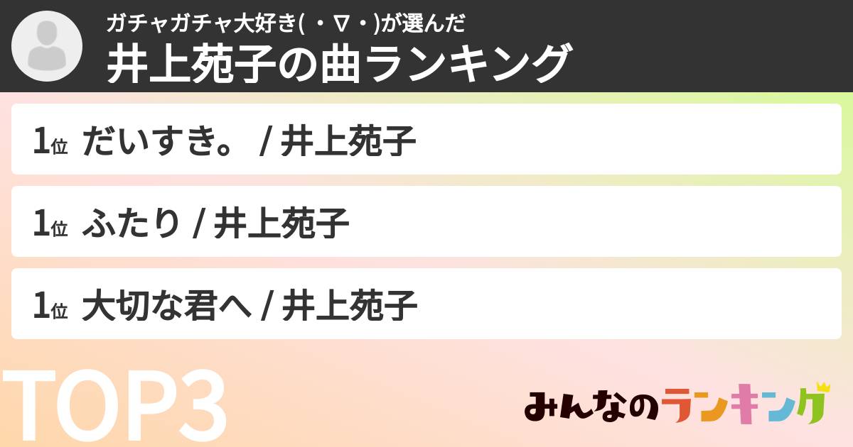 ガチャガチャ大好き( ・∇・)さんの「井上苑子の曲ランキング」