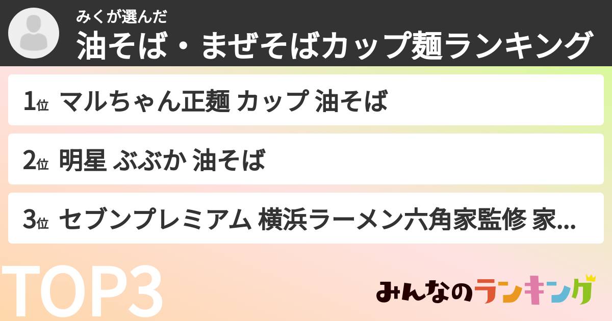 みくさんの「油そば・まぜそばカップ麺ランキング」