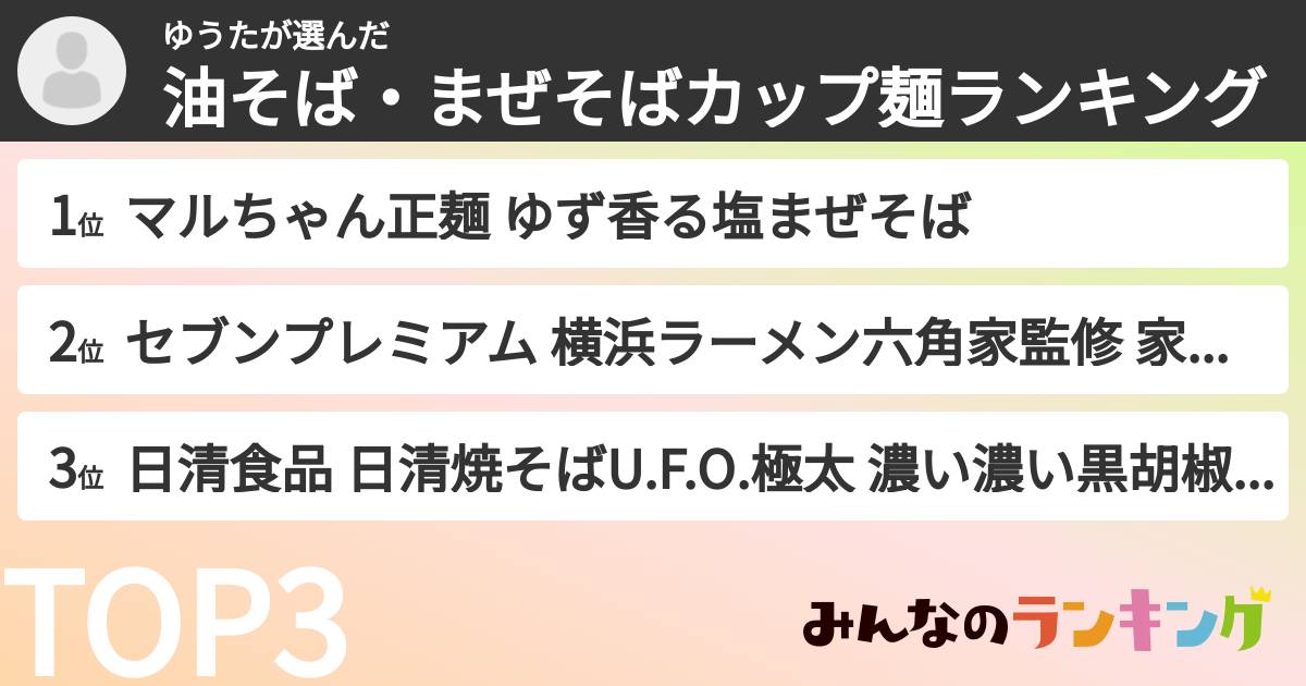 ゆうたさんの「油そば・まぜそばカップ麺ランキング」