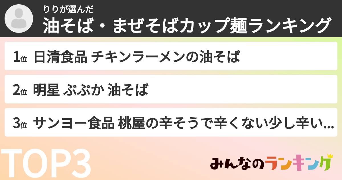 りりさんの「油そば・まぜそばカップ麺ランキング」