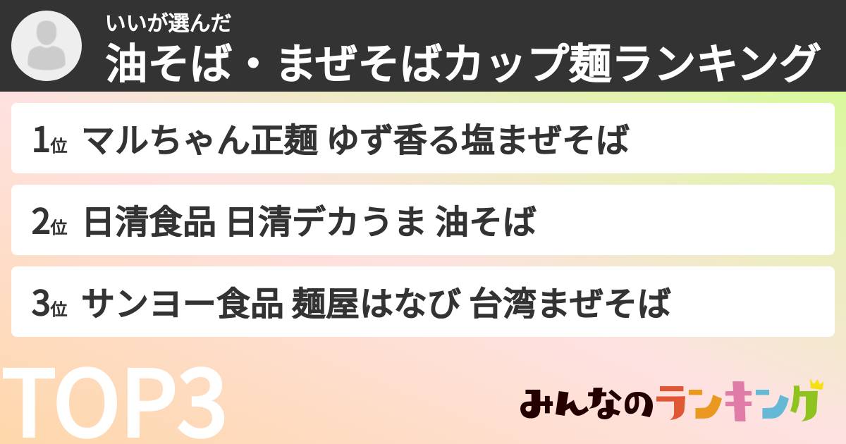 いいさんの「油そば・まぜそばカップ麺ランキング」