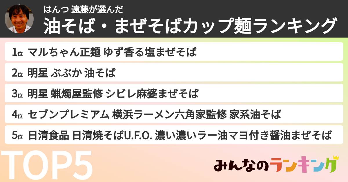 はんつ 遠藤さんの「油そば・まぜそばカップ麺ランキング」