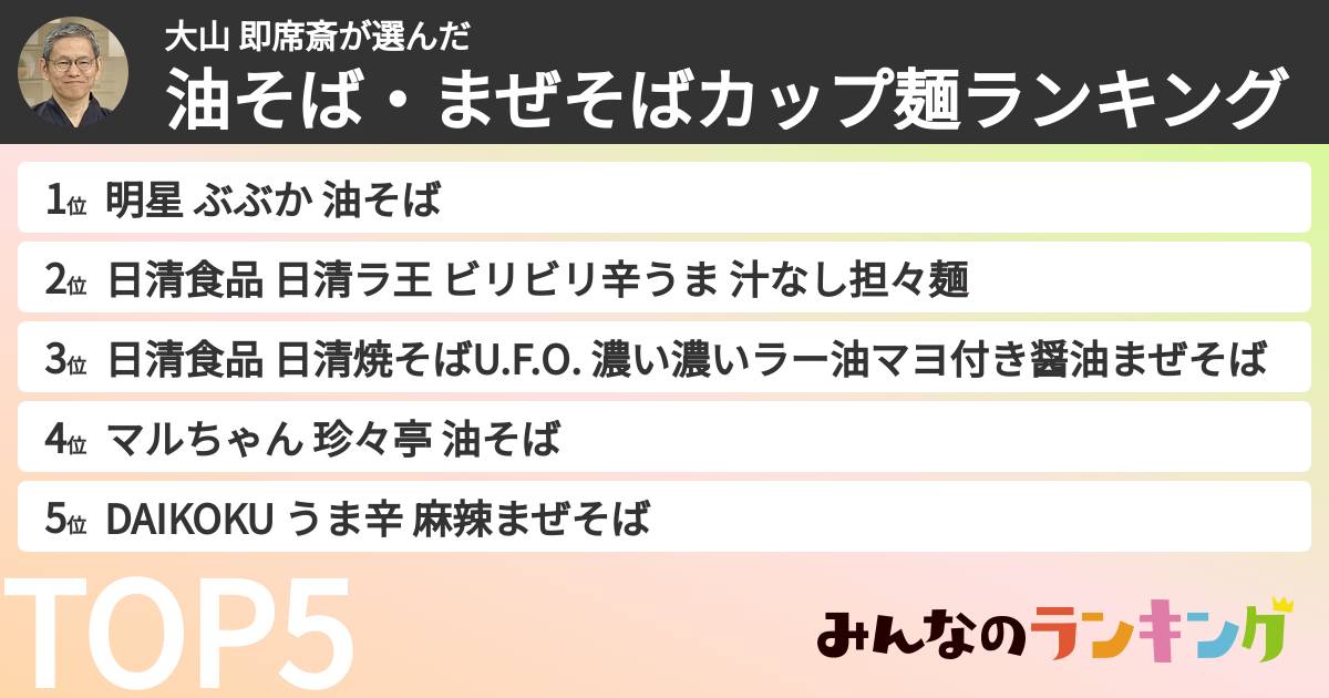 大山 即席斎さんの「油そば・まぜそばカップ麺ランキング」