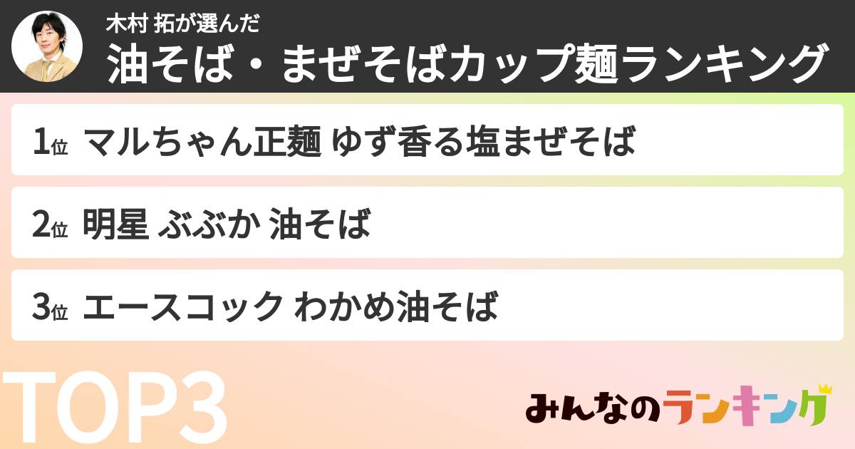 木村 拓さんの「油そば・まぜそばカップ麺ランキング」