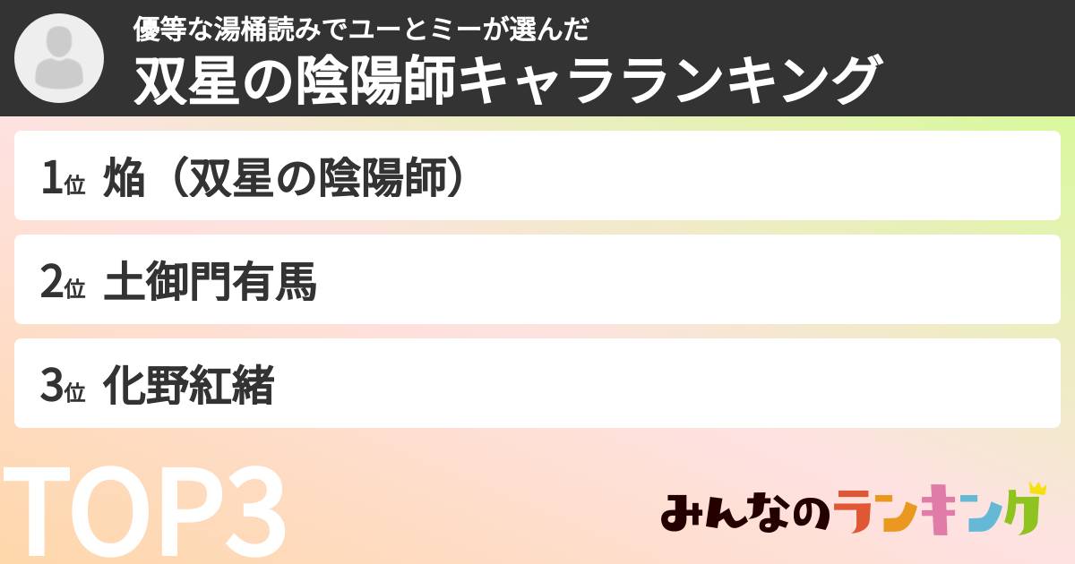 優等な湯桶読みでユーとミーさんの「双星の陰陽師キャラランキング」