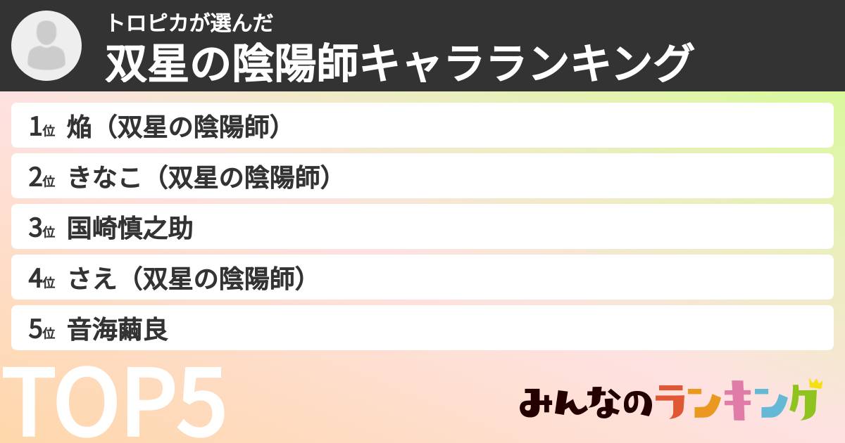 トロピカさんの「双星の陰陽師キャラランキング」