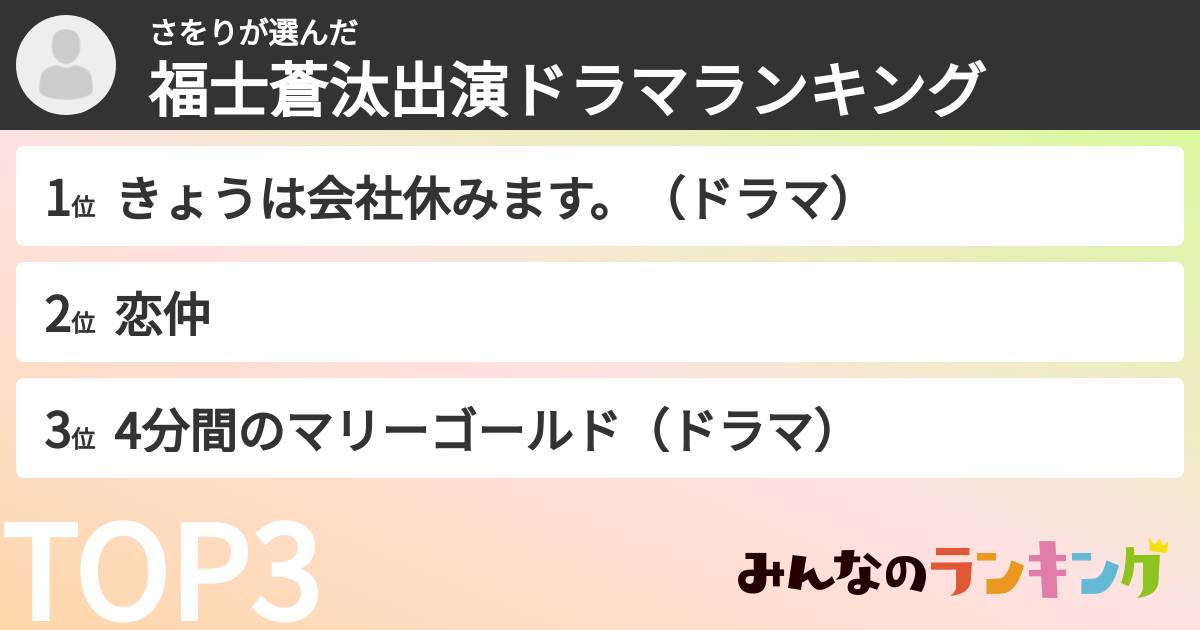 さをりさんの「福士蒼汰出演ドラマランキング」