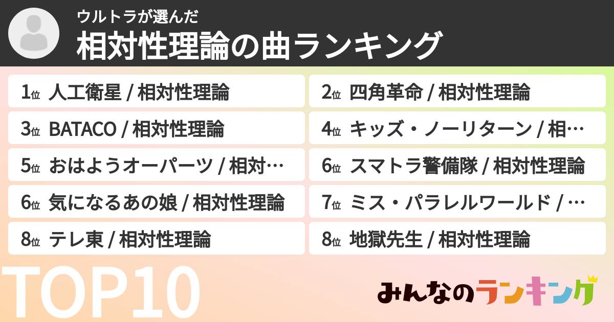ウルトラさんの「相対性理論の曲ランキング」