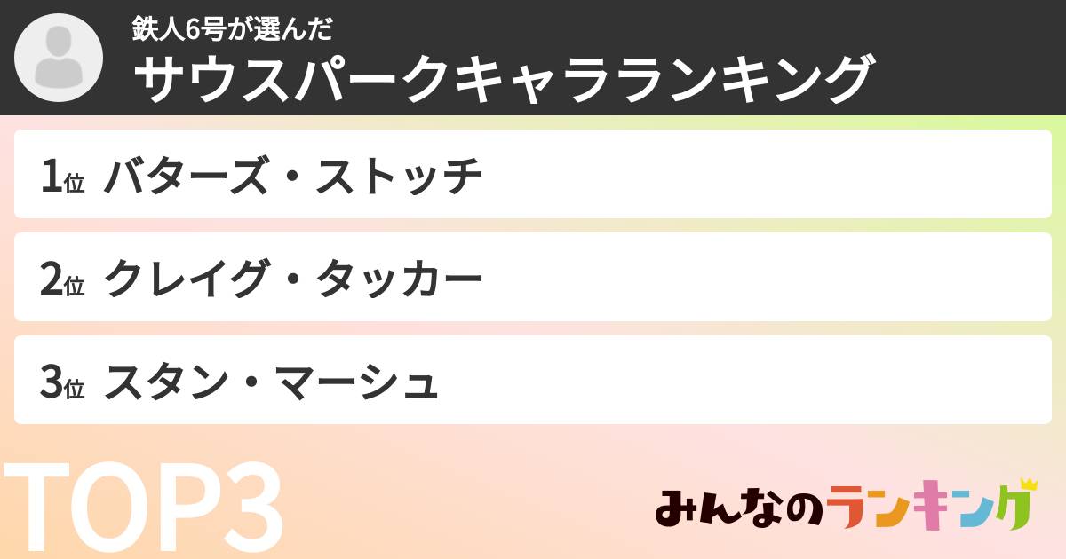 鉄人6号さんの「サウスパークキャラランキング」