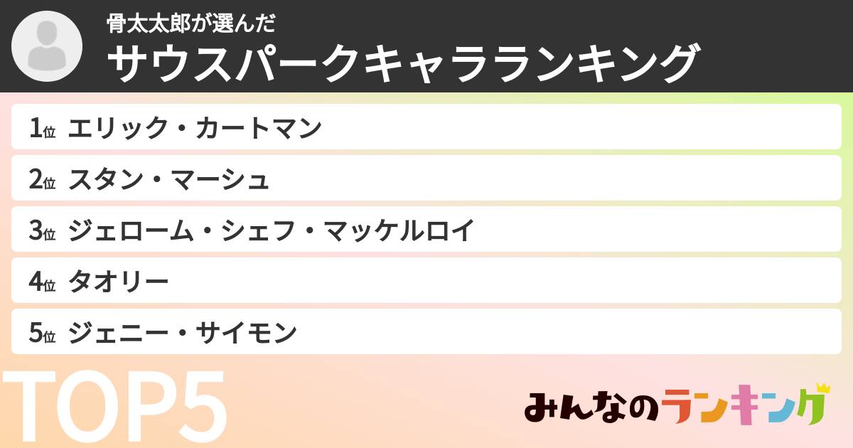 骨太太郎さんの「サウスパークキャラランキング」
