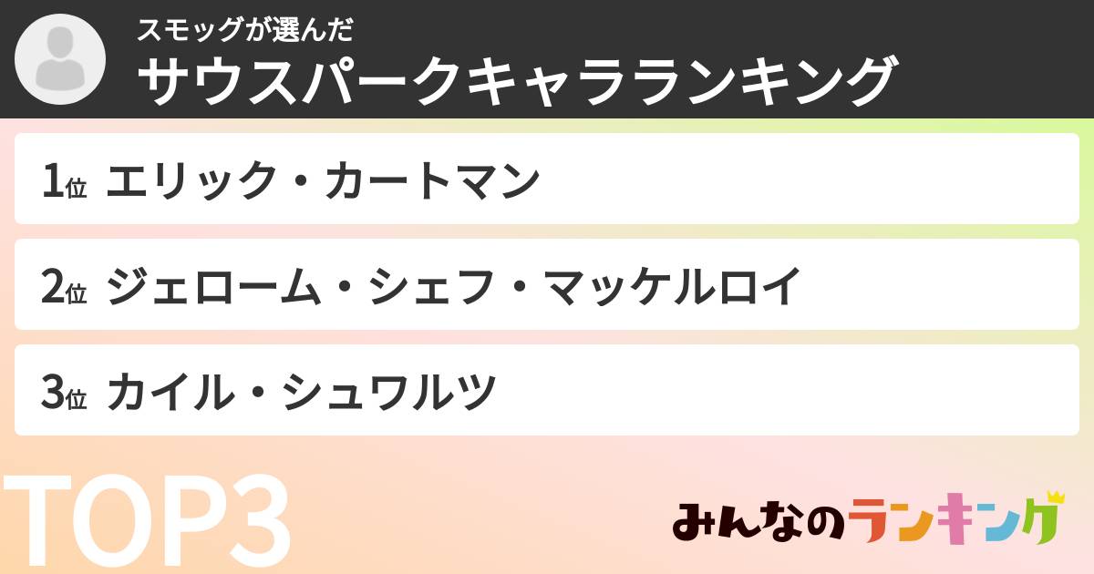 スモッグさんの「サウスパークキャラランキング」