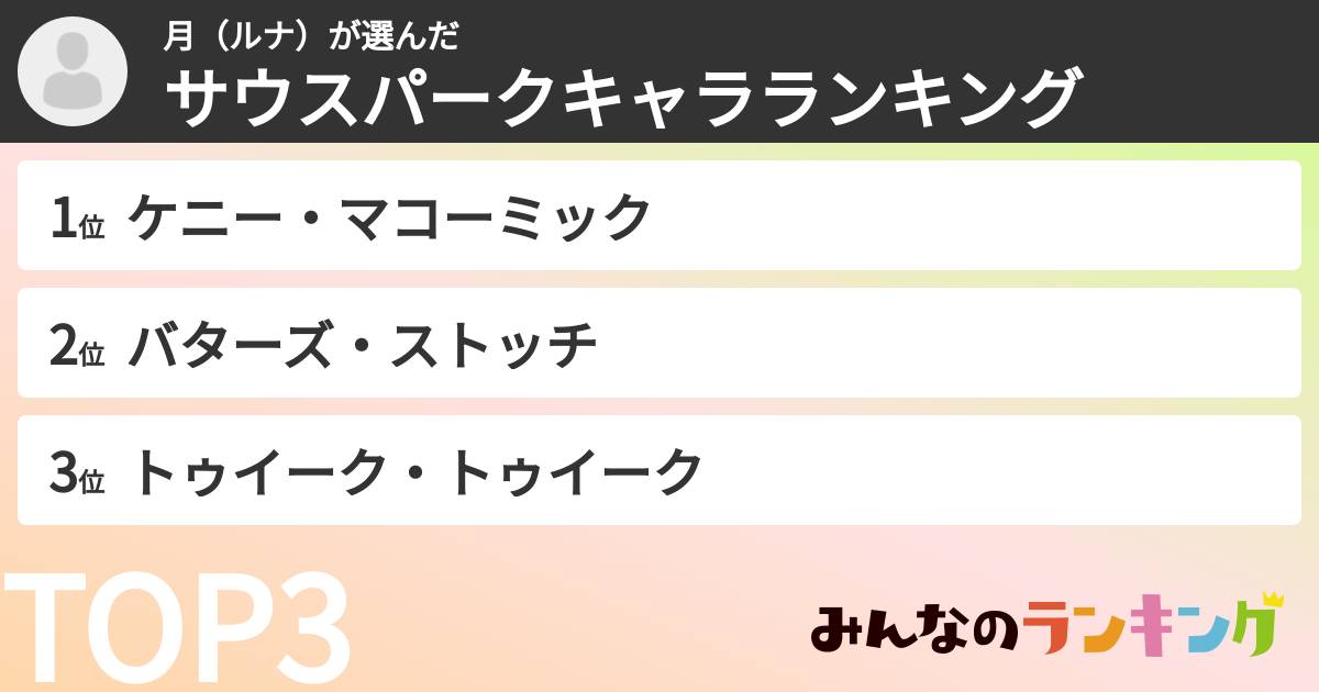 月（ルナ）さんの「サウスパークキャラランキング」