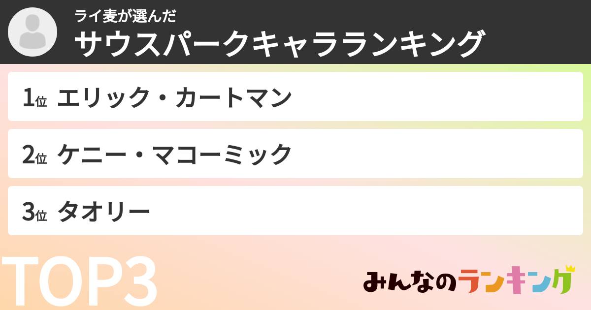 ライ麦さんの「サウスパークキャラランキング」