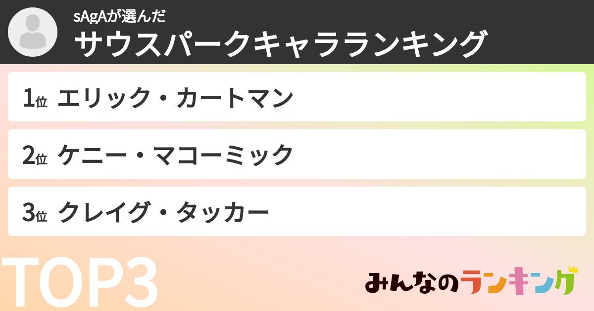 sAgAさんの「サウスパークキャラランキング」