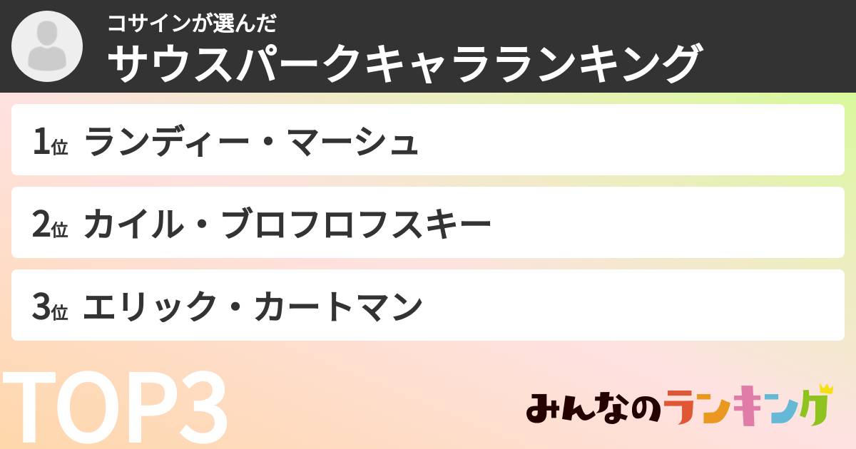 コサインさんの「サウスパークキャラランキング」