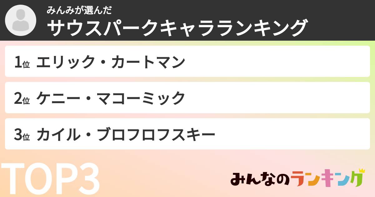 みんみさんの「サウスパークキャラランキング」