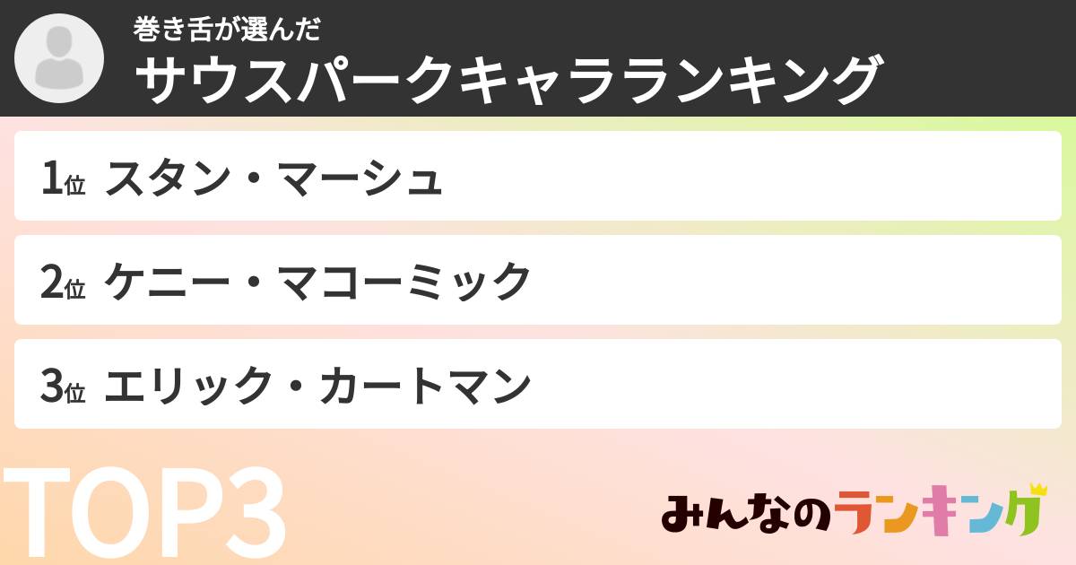 巻き舌さんの「サウスパークキャラランキング」