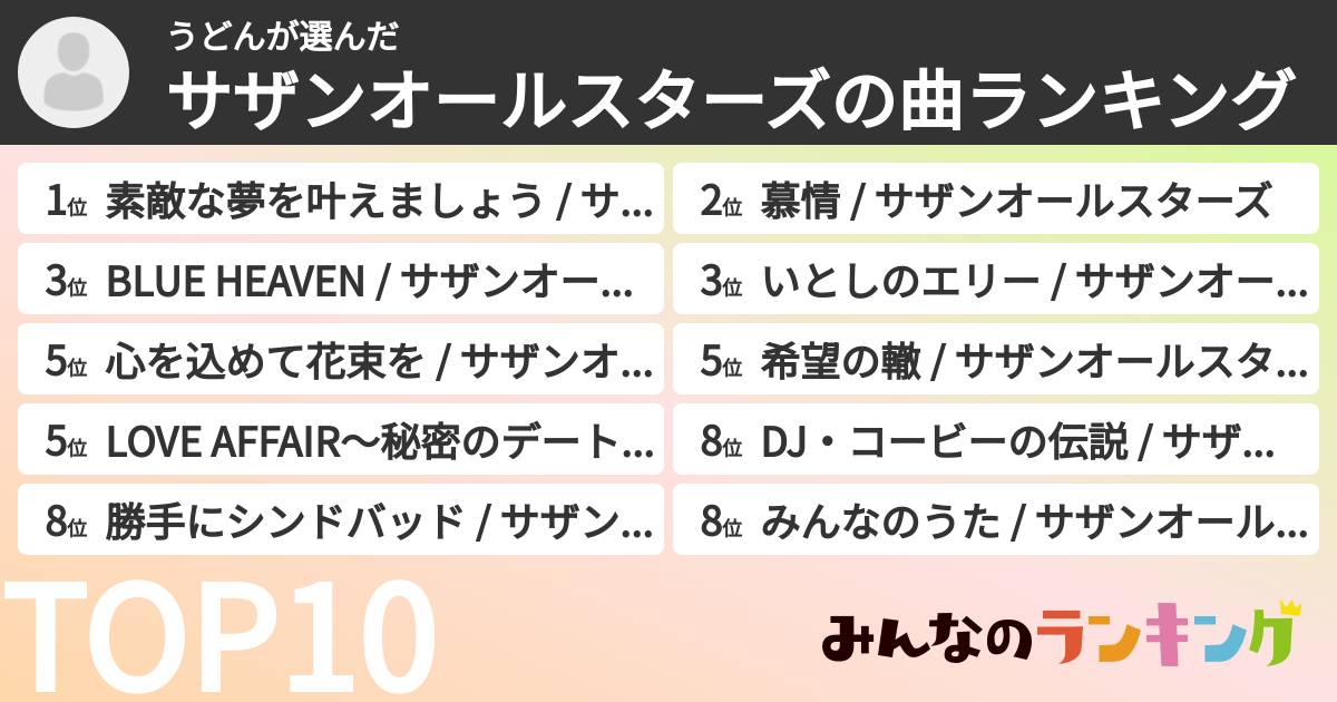 うどんさんの「サザンオールスターズの曲ランキング」