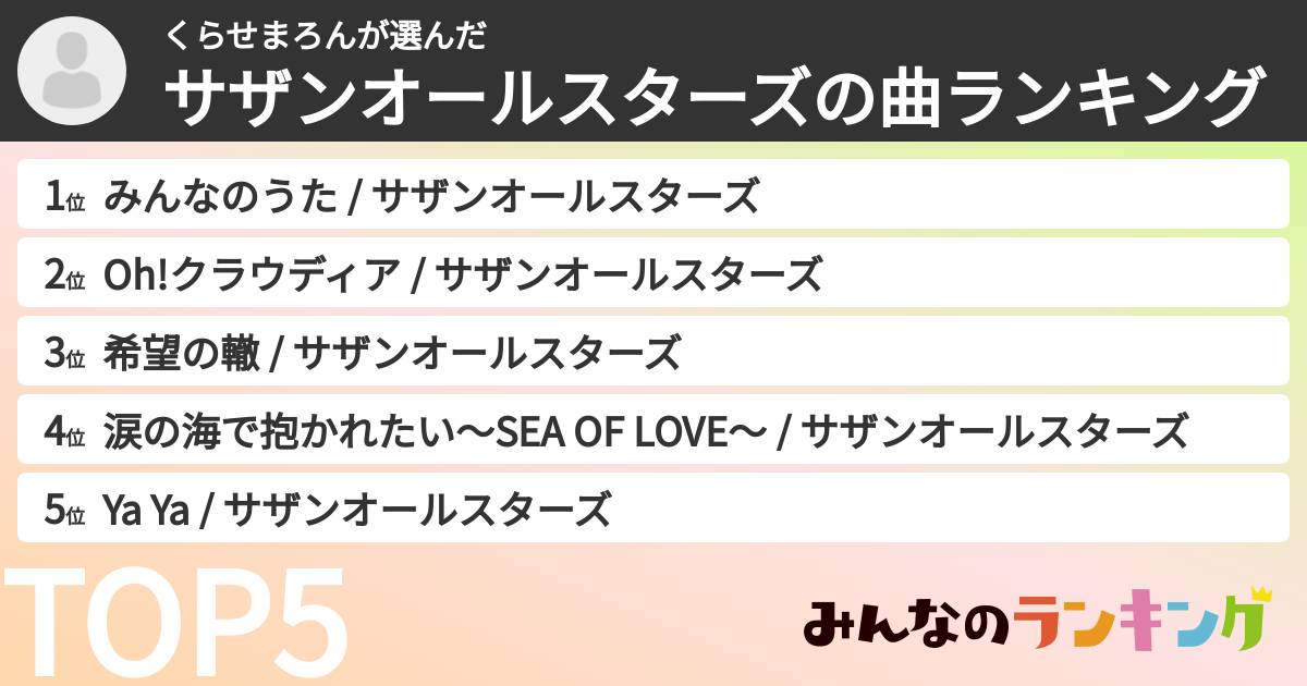 くらせまろんさんの「サザンオールスターズの曲ランキング」