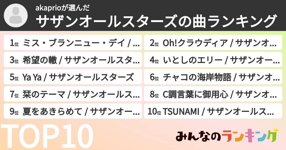 akaprioさんの「サザンオールスターズの曲ランキング」
